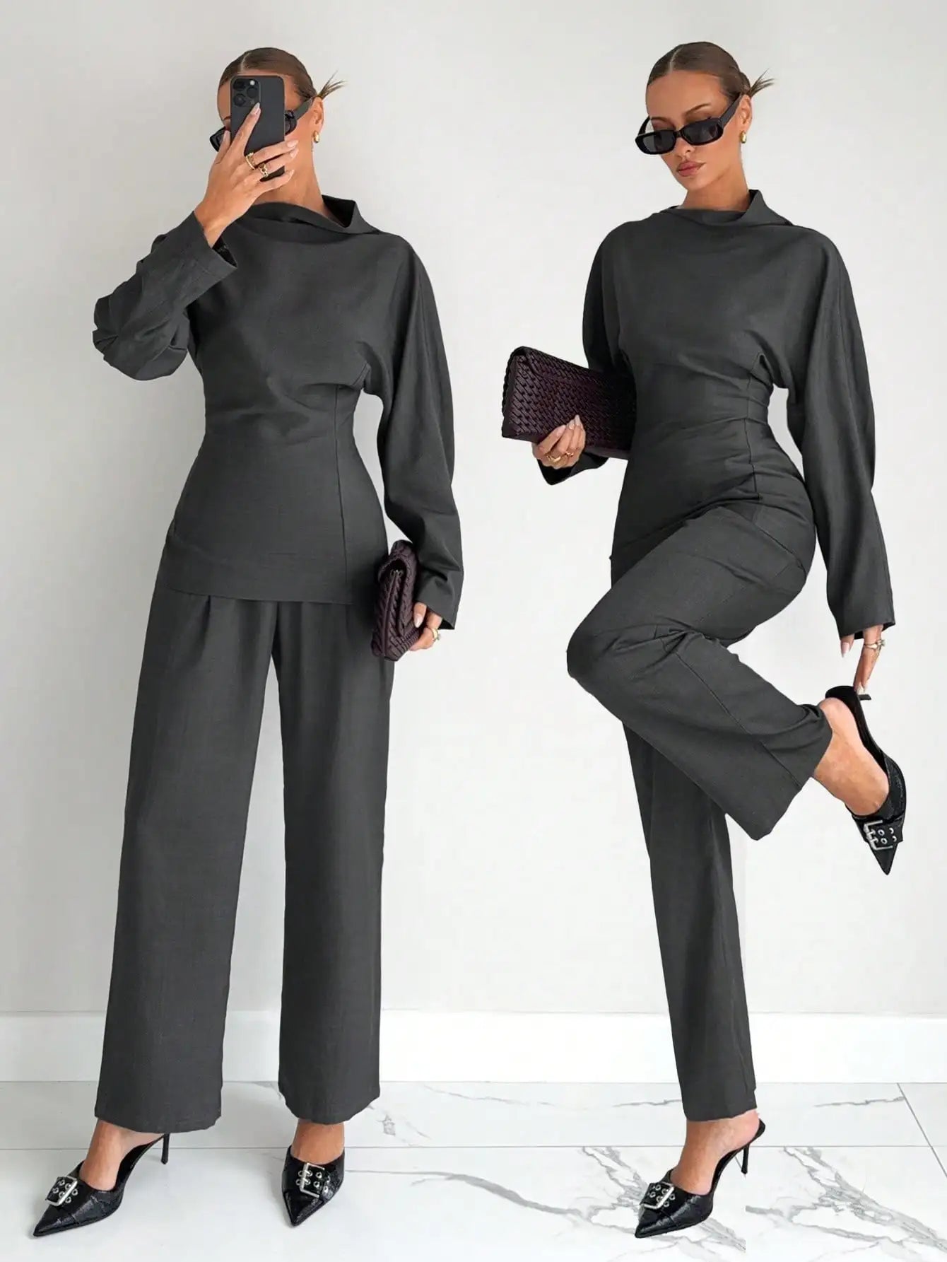 Grey 2-Piece Women's T-Shirt Set, Business Casual Office Wear, Modern Commuter Outfit for Winter